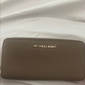 Michael Kors Taupe Leather Zip Wallet with Gold Logo